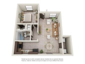 La Joya Apartments in Laredo Texas Floor Plan with 1 Bedroom and 1 Bathroom Apartment Colored Sketch Plan
