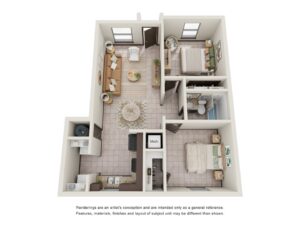 La Joya Apartments in Laredo Texas Floor Plan with 2 Bedrooms and 1 Bathroom Apartment Colored Sketch Plan