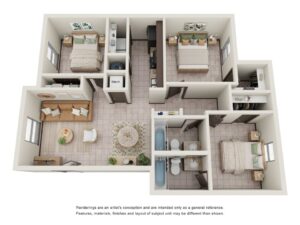 La Joya Apartments in Laredo Texas Floor Plan with 3 Bedrooms and 2 Bathrooms Apartment Colored Sketch Plan