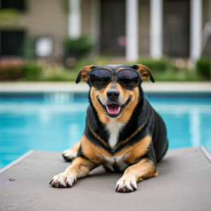 Cool Black Dog - a dog wearing shades lounging by the pool at Trailwood Village Apartments