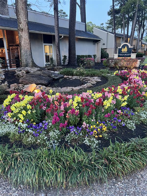 Trailwood Village Apartments monument sign surrounded by colorful spring flowers and tall pine trees in Kingwood, Texas.