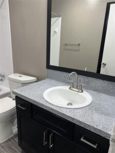Modern apartment bathroom in Kingwood, TX, featuring a black vanity, granite-style countertop, and updated brushed-nickel hardware.