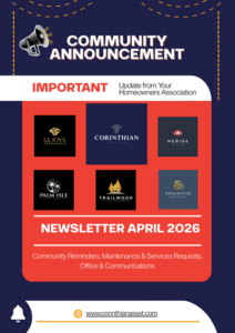 April 2026 community announcement flyer for Corinthian Asset Management, displaying logos for La Joya, Merida Vista, Palm Isle, Trailwood Village, and Edgewater Pointe apartments alongside newsletter topics.