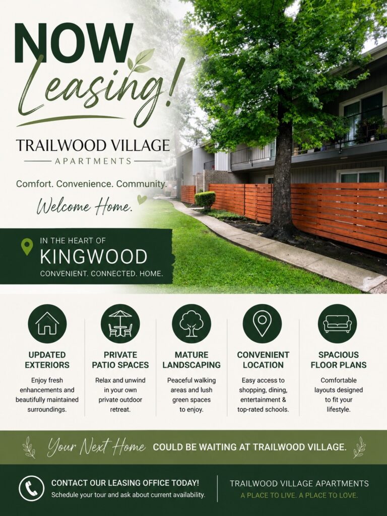 Trailwood Village Apartments in Kingwood, TX Modern Living & Spacious Floor Plans.
